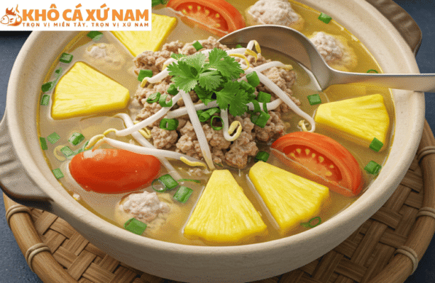 canh chua thịt băm nấu dứa cà chua