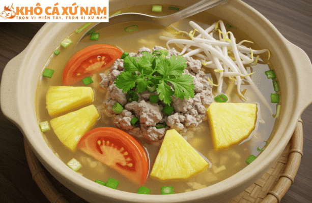canh chua thịt băm nấu dứa cà chua