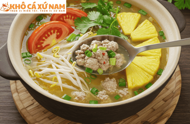 canh chua thịt băm nấu dứa cà chua
